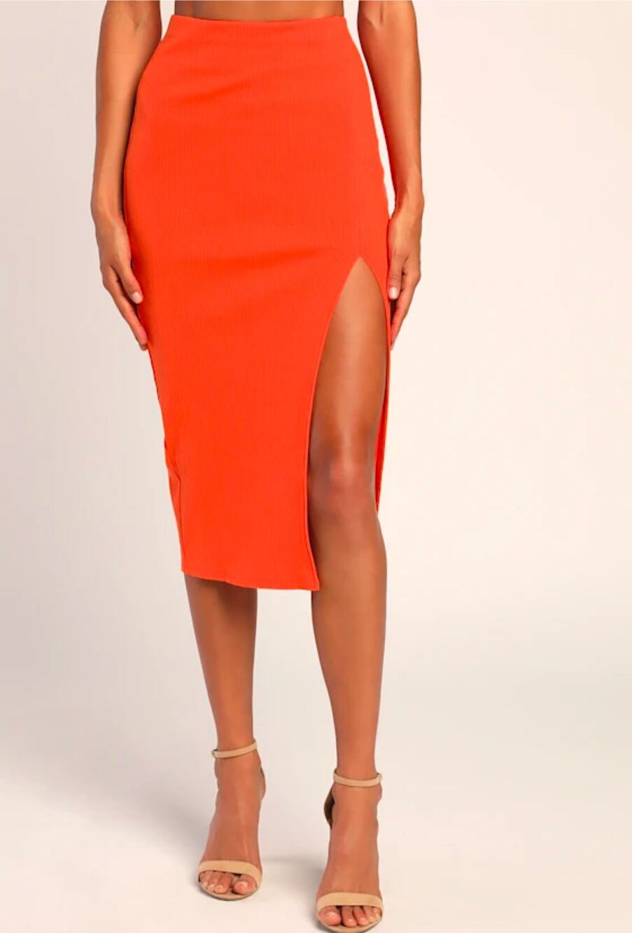 Lulus Bright Orange Side Slit Skirt Medium